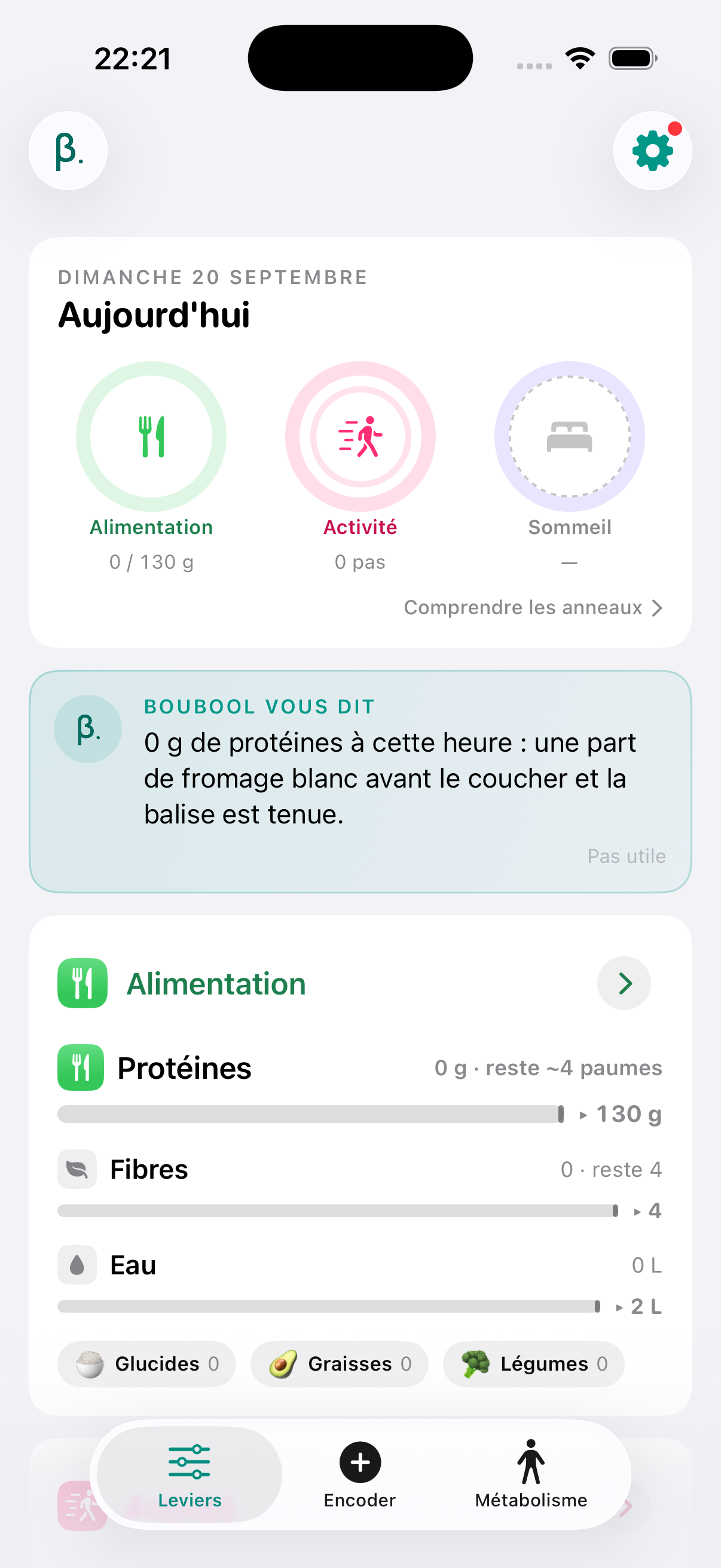 Boubool sur iPhone : les trois anneaux leviers du jour, le message Boubool vous dit et la carte Alimentation